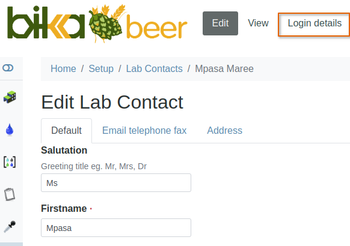Lab Contact Login administration page in Bika Open Source LIMS