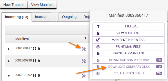 Metrc Track & Trace Transfer download menu to Bika Cannabis Open Source LIMS