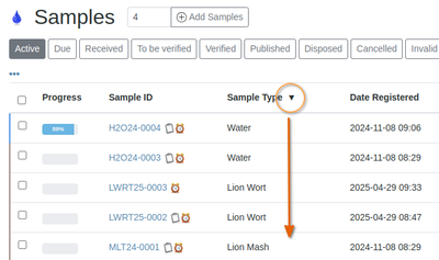 Bika Senaite  Open Source LIMS Table Column sorting