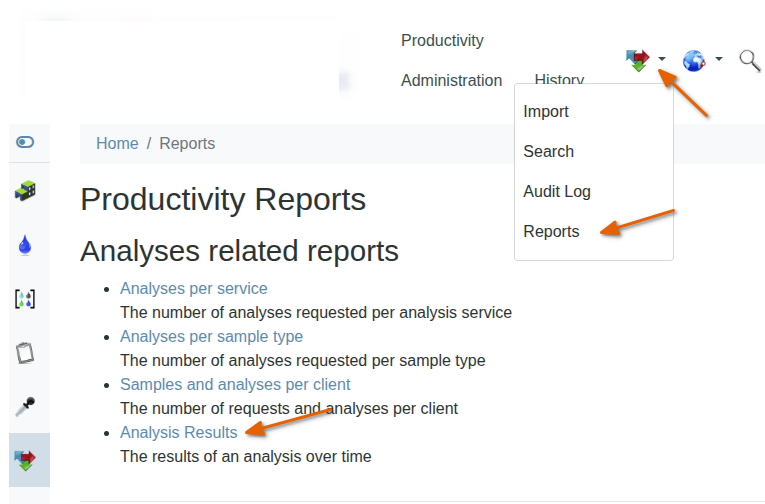 Navigate to reports in Bika Open Source LIMS