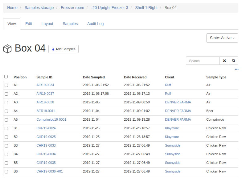 Sample list for a Sample Container in Bika Open Source LIMS